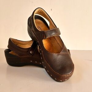 Wolky Brown Leather Mary Jane Comfort Clogs Stapled Sole EU Made